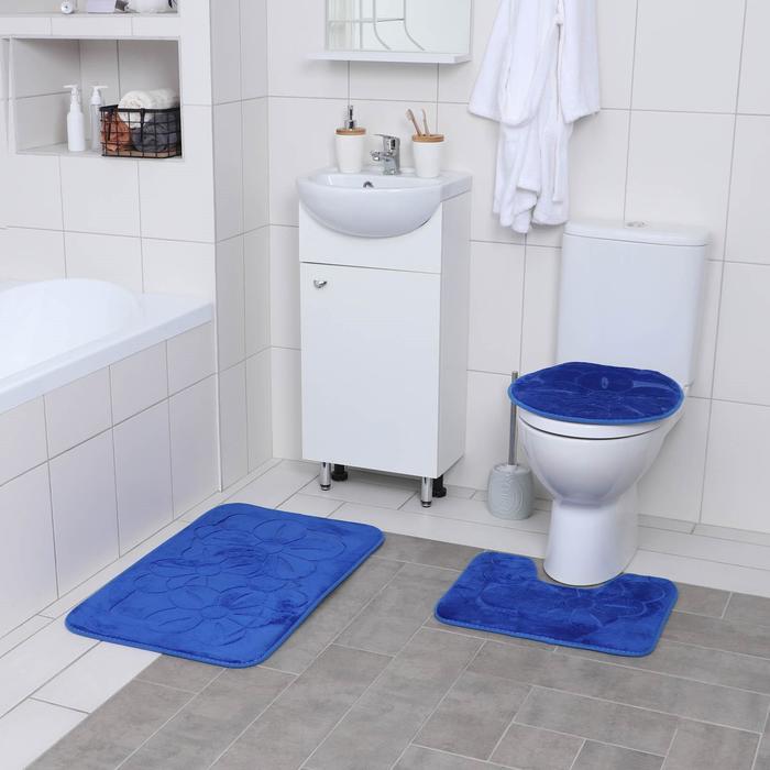 Набор ковриков для ванны и туалета, 3 шт: 36×43, 40×50, 50×80 см, цвет синий