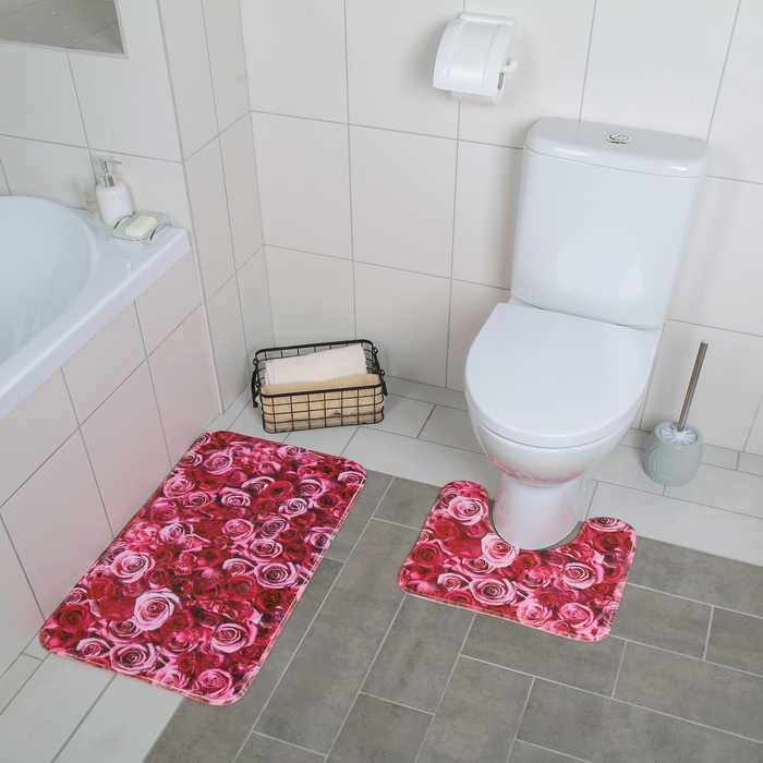 Набор ковриков для ванны и туалета Доляна «Розы», 2 шт: 40×45, 45×75 см