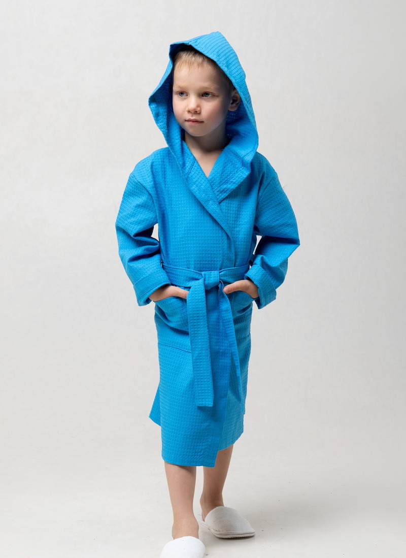 Купить Детский вафельный халат с капюшоном (Ярко-голубой) по выгодной цене  в интернет-магазине в Челябинске