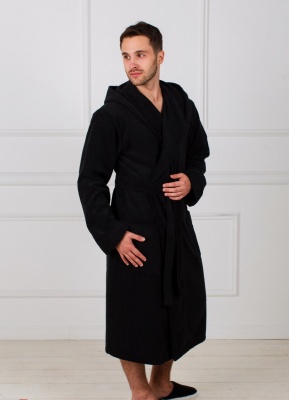 Мужской махровый халат с капюшоном (Черный)