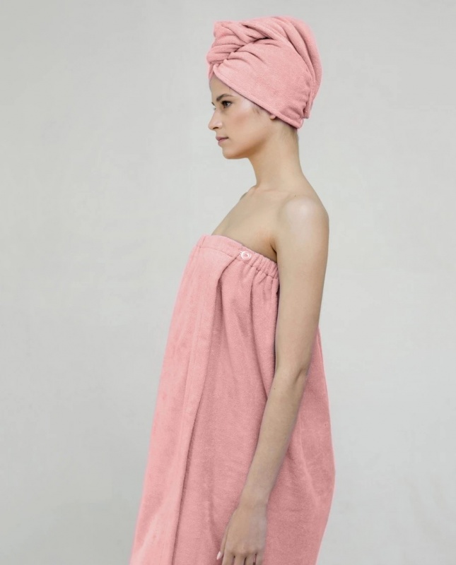 Женский махровый банный комплект Премиум (Пудрово-розовый)