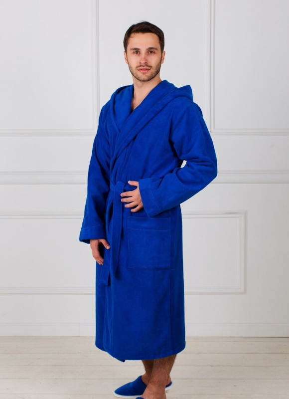 Мужской махровый халат с капюшоном (Синий)