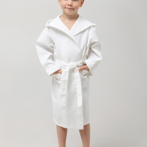 Детский вафельный халат с капюшоном (Белый)